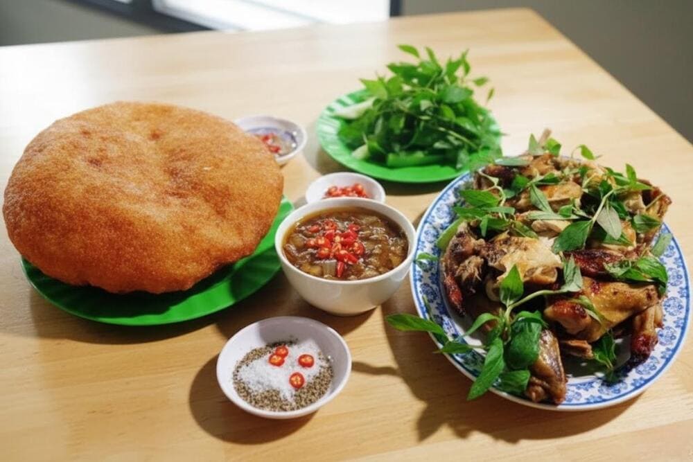 M&oacute;n ăn d&acirc;n d&atilde; hấp dẫn, g&agrave; v&agrave;ng ruộm ăn k&egrave;m x&ocirc;i chi&ecirc;n gi&ograve;n rụm, b&eacute;o ngậy.